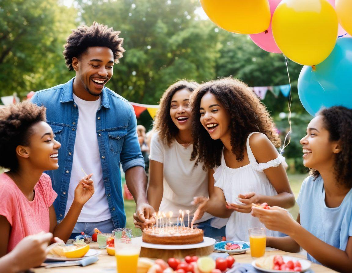 A vibrant scene of diverse young people joyfully celebrating at a festive outdoor party, surrounded by colorful balloons, decorations, and smiling faces. Showcase a group of friends participating in various fun activities like dancing, playing games, and sharing laughter under a bright blue sky. Highlight a delicious cake and treats on a picnic table, radiating warmth and happiness. Emphasize the spirit of joy, connection, and youthful energy. super-realistic. vibrant colors. white background.