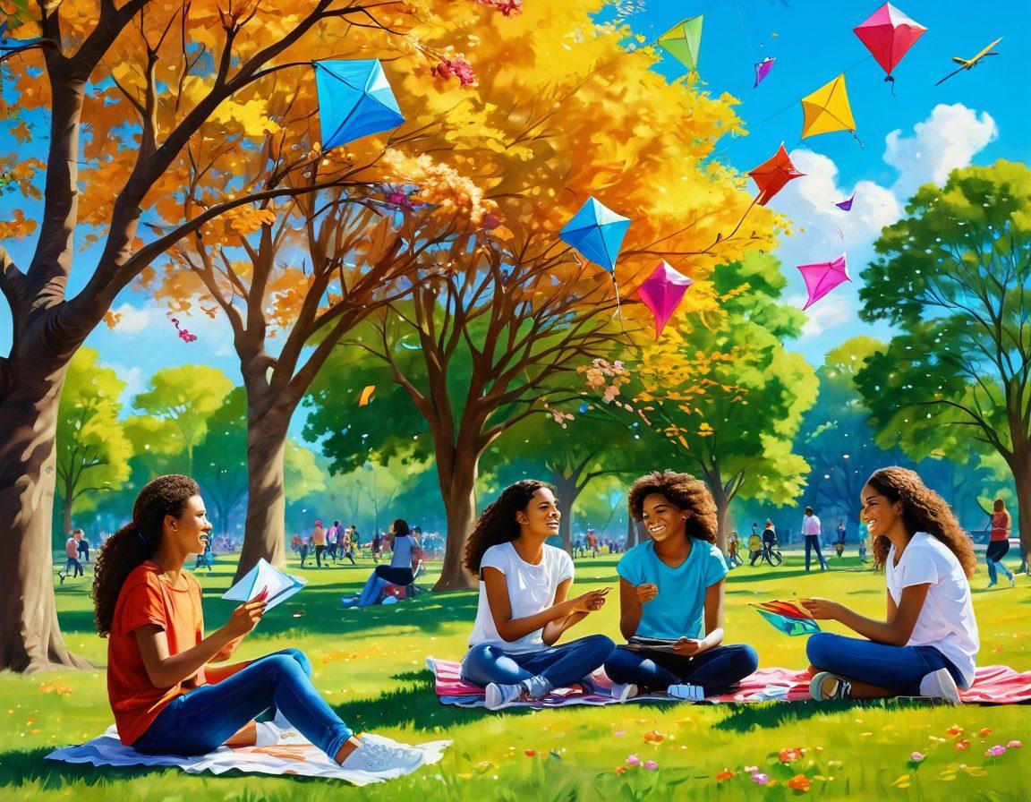 A vibrant scene of diverse teenagers enjoying a sunny afternoon in a park, engaged in various creative activities like painting, playing music, and sharing laughter. The background features blooming flowers, colorful kites in the sky, and trees, symbolizing growth and friendship. The overall atmosphere radiates joy and positivity. super-realistic. vibrant colors. soft focus.