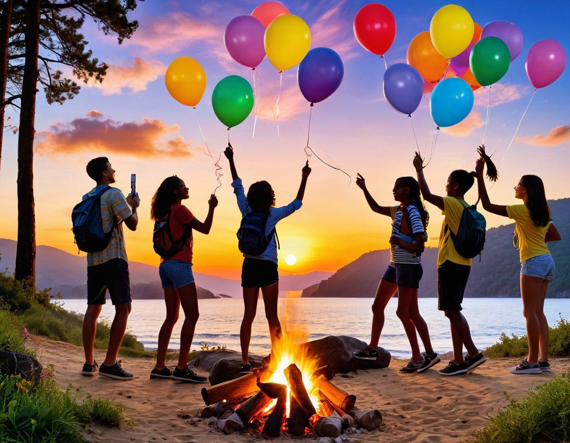 A lively scene of diverse teenagers celebrating together, bursting with joy as they embark on a thrilling outdoor adventure. Capture them engaging in activities like hiking, laughing around a campfire, or at a beach bonfire, with vibrant colors highlighting their excitement and friendship. Include elements like colorful balloons, playful pets, and a stunning sunset sky in the background to evoke a sense of freedom and happiness. super-realistic. vibrant colors. dynamic composition.